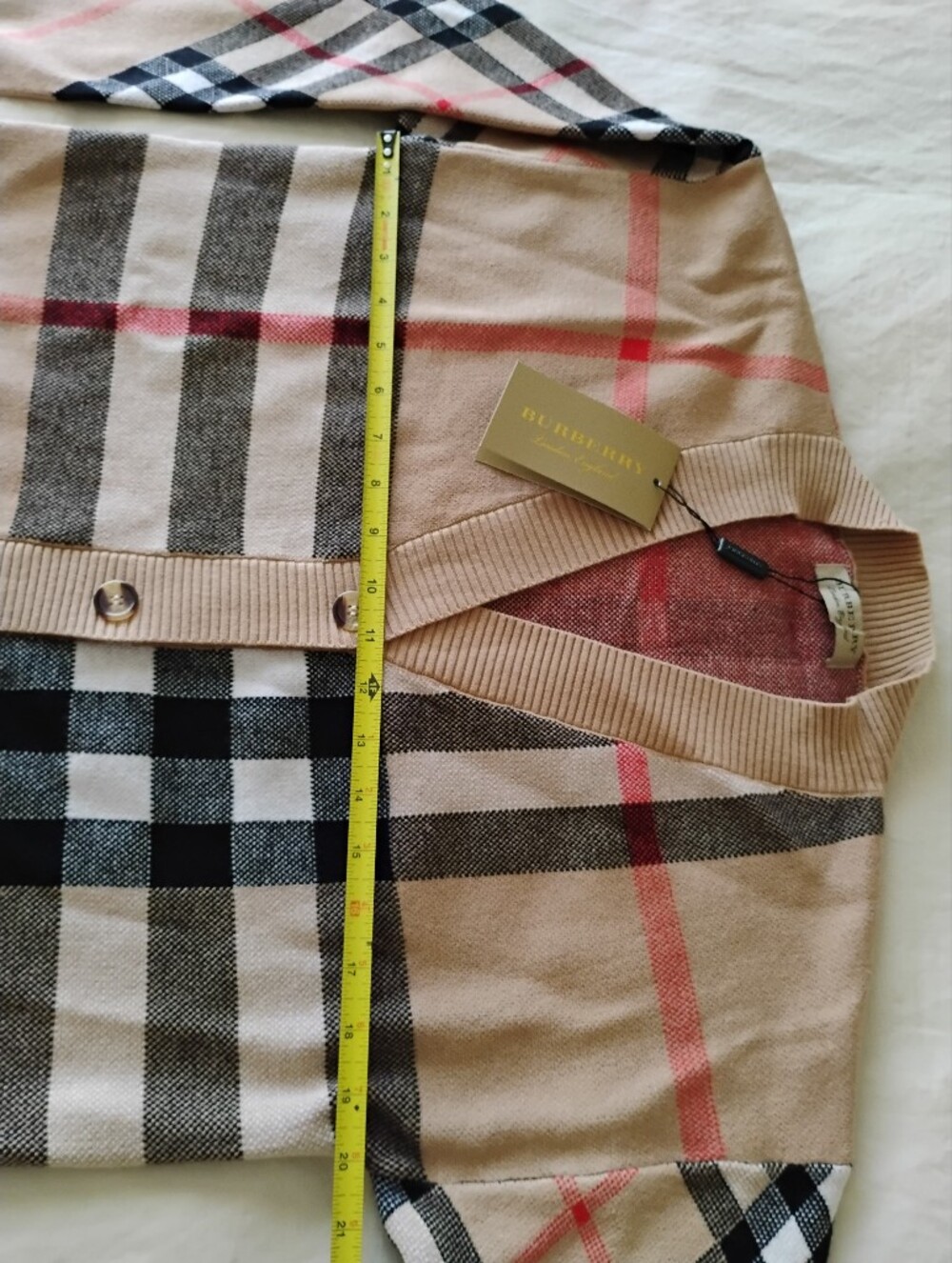 Beige Plaid V-Neck Button Cardigan with Red Accents - Picture 8 of 10